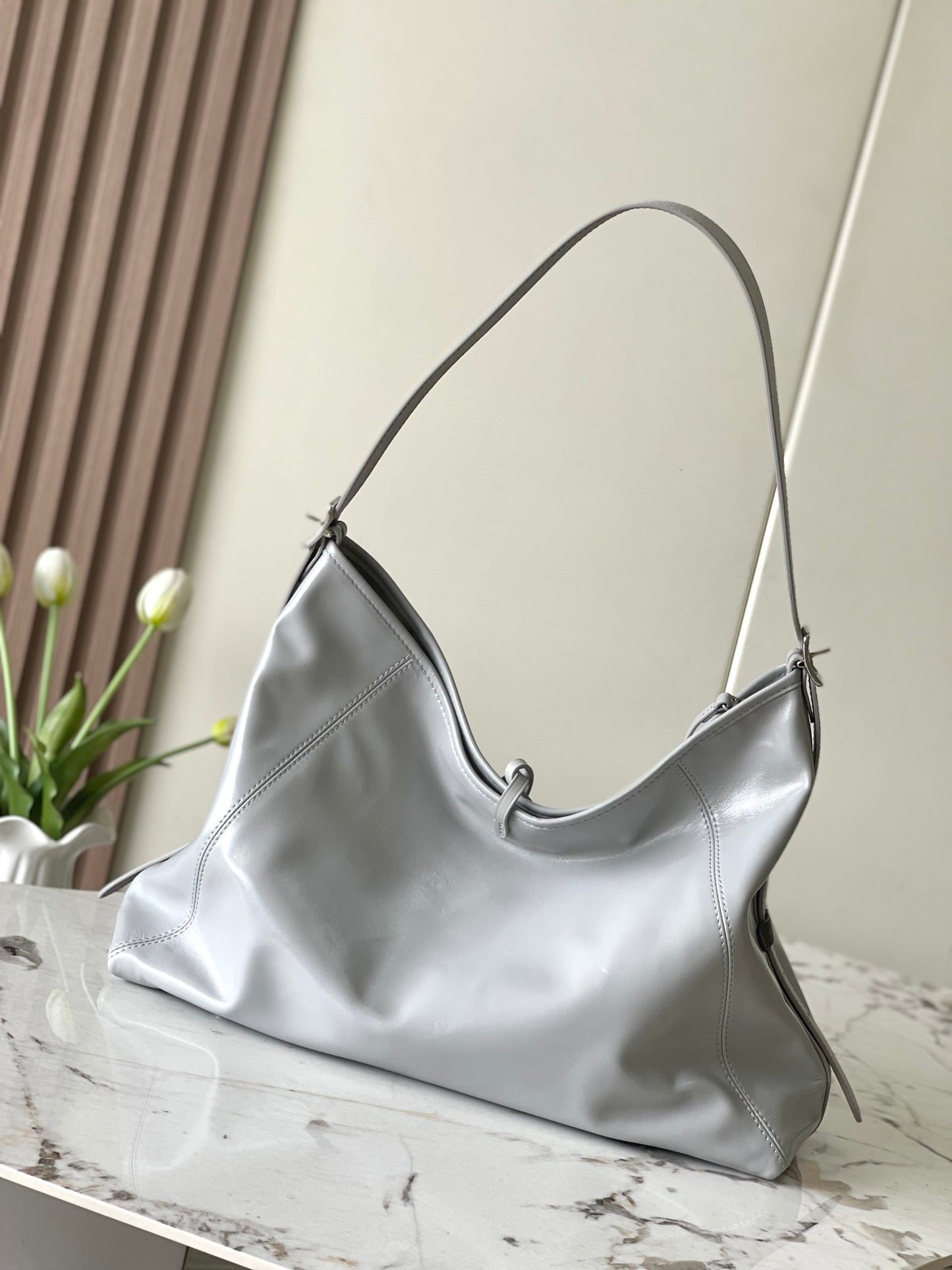 Louis Vuitton Grey Leather Hobo Bag with Monogram Charm