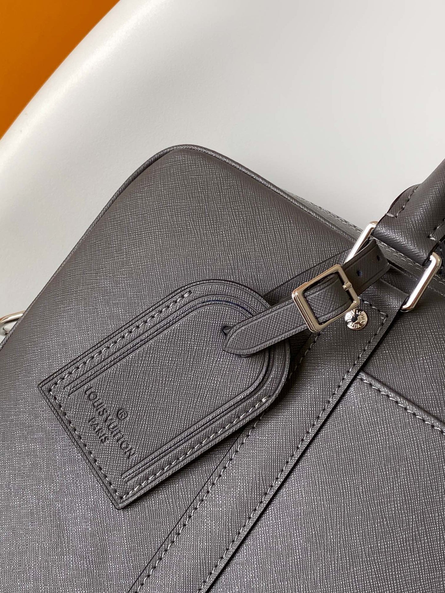 Premium Grey Leather Briefcase Slim Laptop Bag with Shoulder Strap