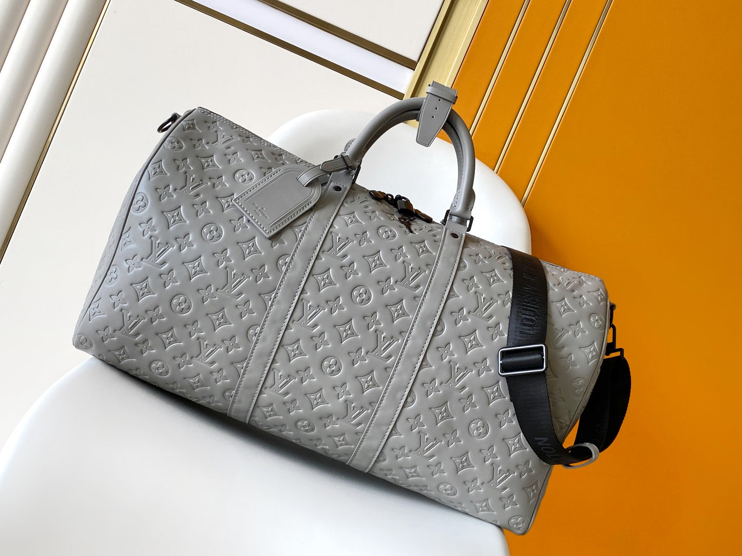 Louis Vuitton Keepall Bandoulière 50 Monogram Shadow Leather Duffel Bag - Grey