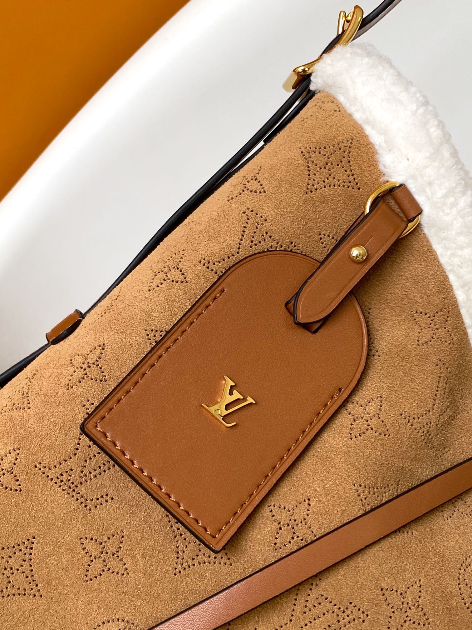 Tan Monogram Faux Fur Trim Shoulder Bag with Bow Accent
