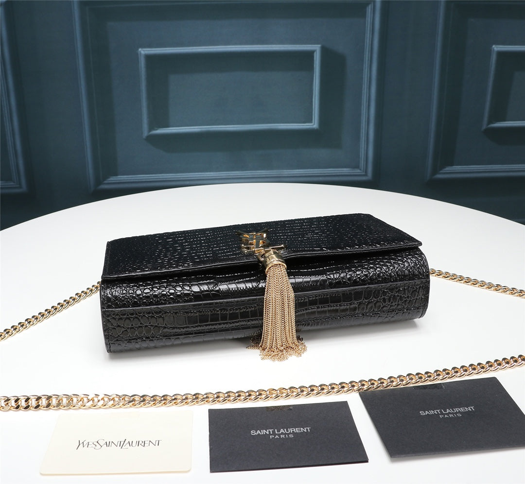 Saint Laurent Kate Medium Crocodile-Embossed Leather Bag with Tassel - Black