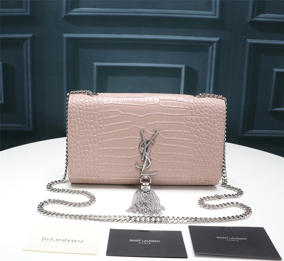 Saint Laurent YSL Kate Medium Tassel Shoulder Bag in Pink Crocodile-Embossed Leather