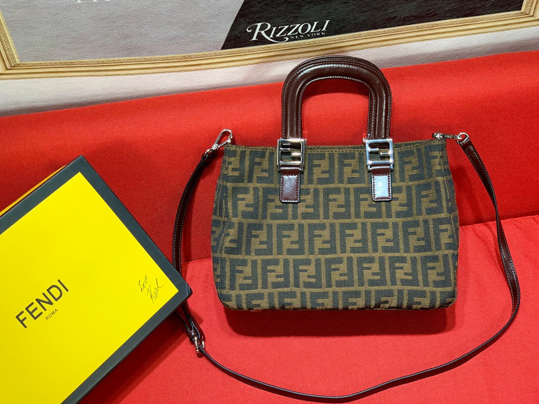 Fendi Zucca Monogram Canvas Handbag with Shoulder Strap and Original Box