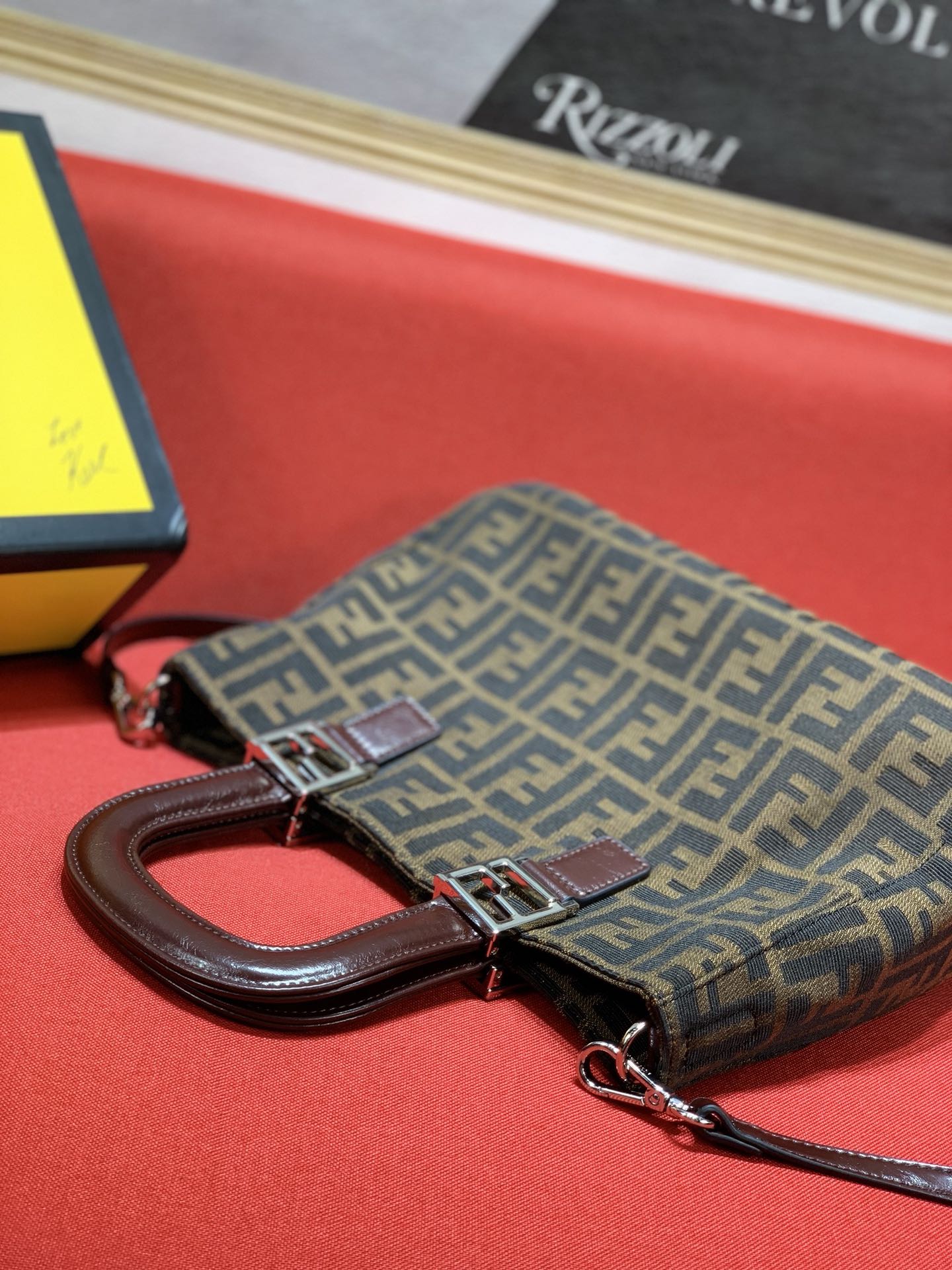 Fendi Zucca Monogram Canvas Handbag with Shoulder Strap and Original Box