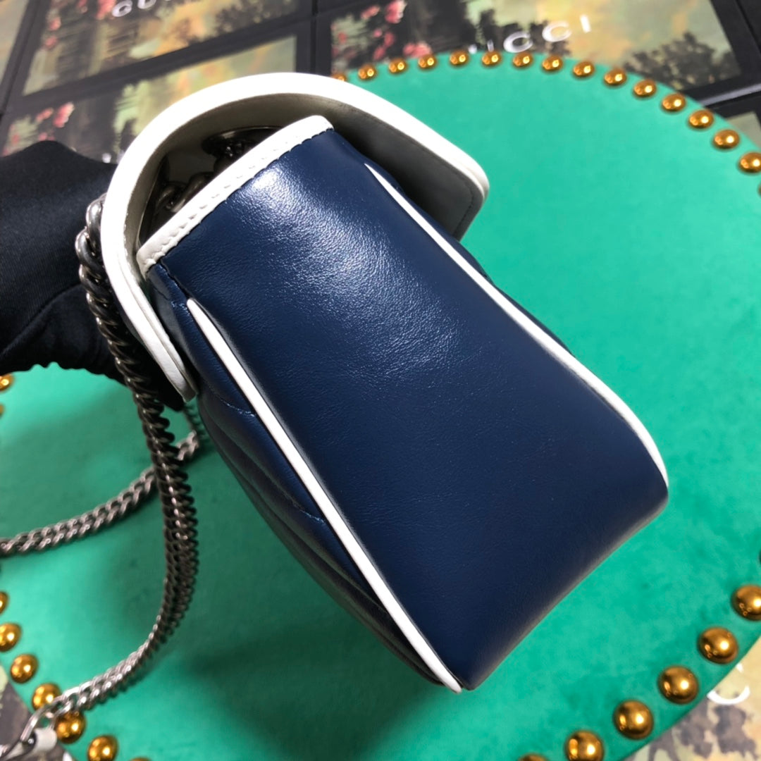 Gucci GG Marmont Small Shoulder Bag - Blue Quilted Leather with White Trim