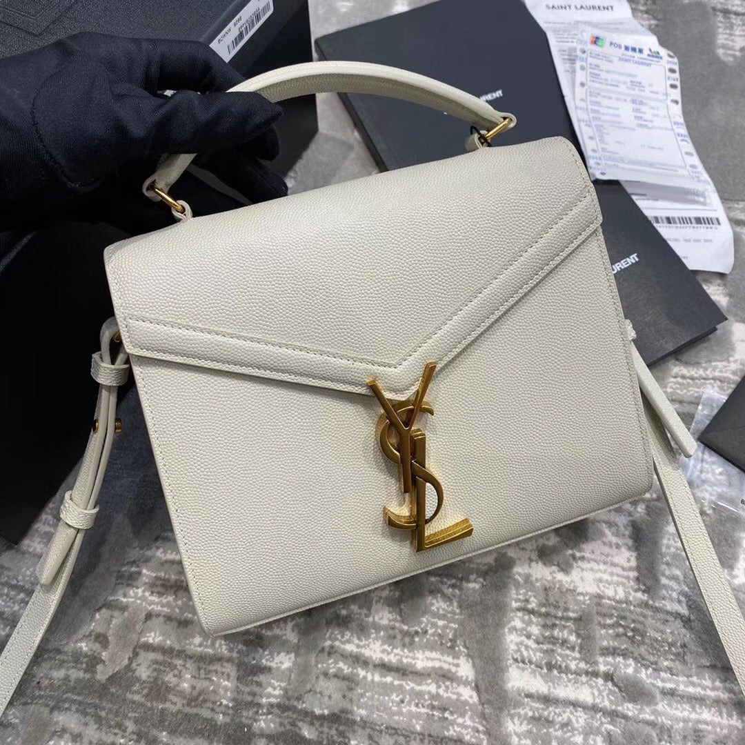 Saint Laurent Cassandra Medium Top Handle Bag in White Grain de Poudre Leather