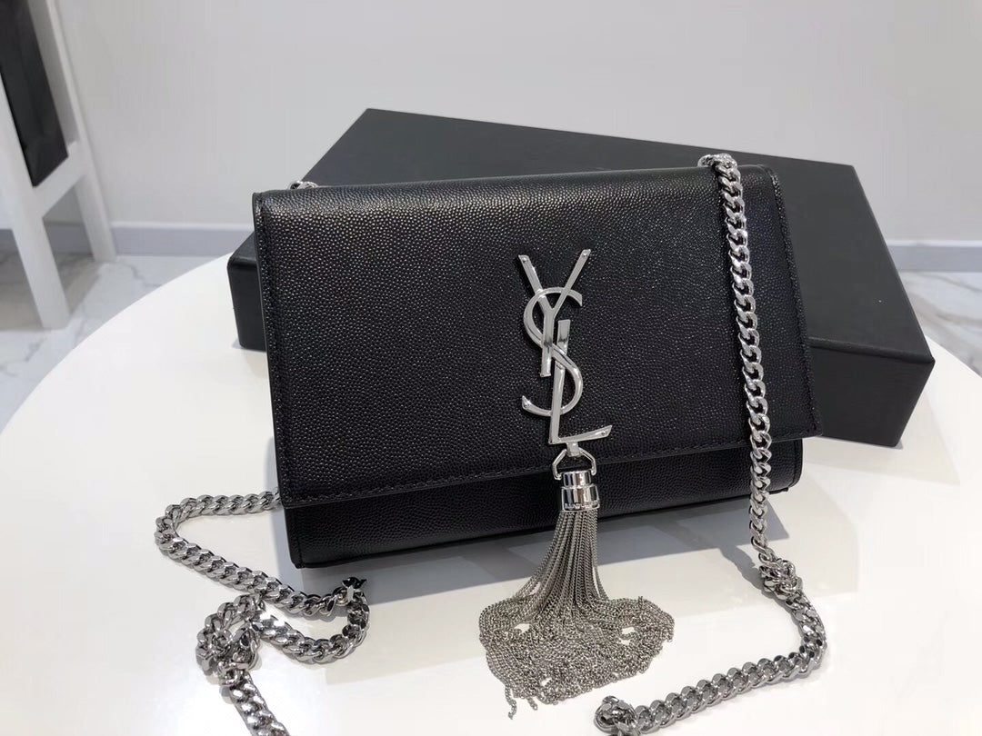 Saint Laurent Kate Small Tassel Shoulder Bag in Black Grained Leather