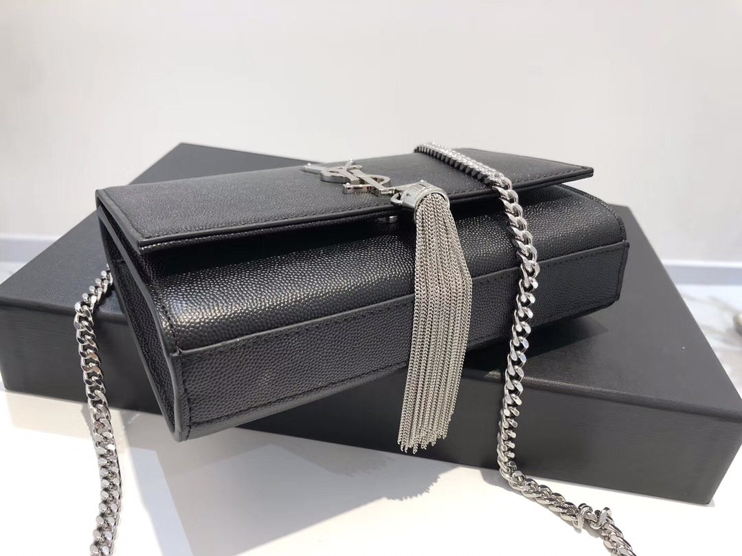 Saint Laurent Kate Small Tassel Shoulder Bag in Black Grained Leather