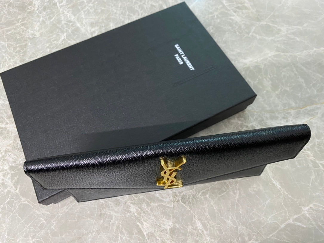 Saint Laurent Uptown Pouch in Black Grain de Poudre Leather with Gold Logo