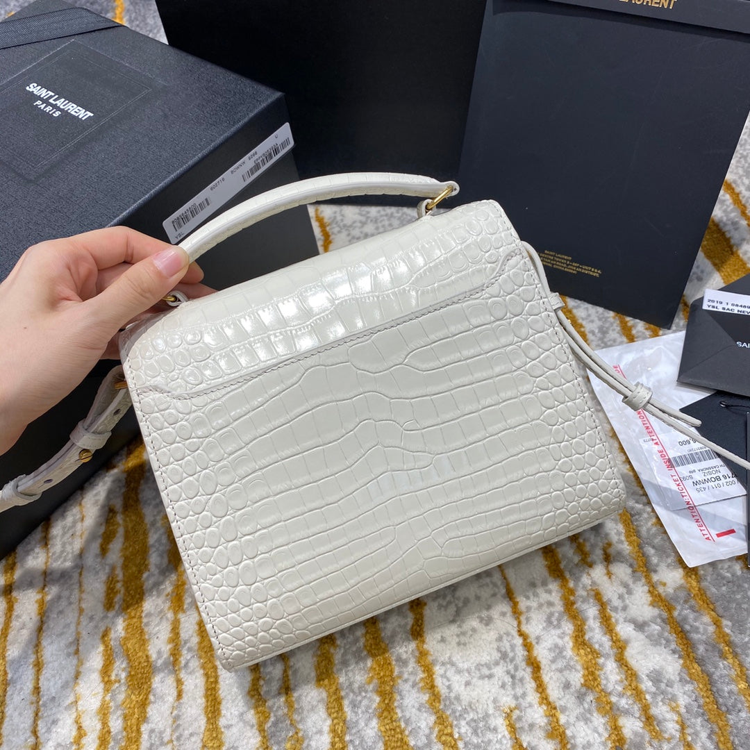 Saint Laurent Cassandra Medium Top Handle Bag in Crocodile-Embossed Leather - White
