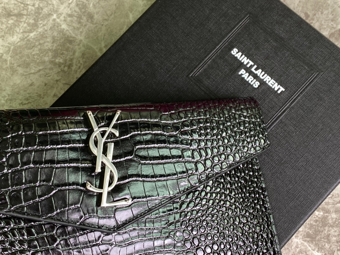 Saint Laurent Monogram Envelope Wallet in Crocodile-Embossed Leather - Black
