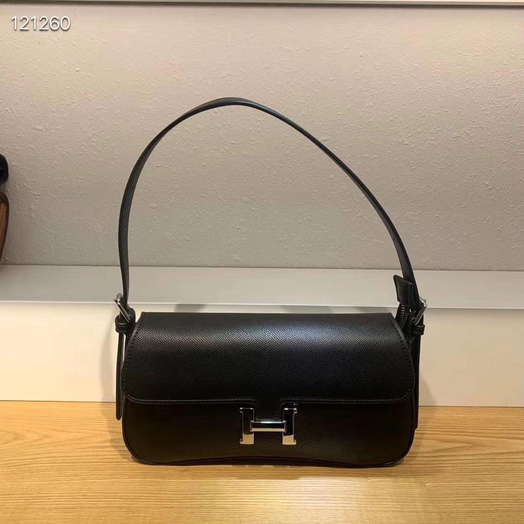 Women's Classic Black Leather H-Buckle Shoulder Bag - Elegant Flap Handbag