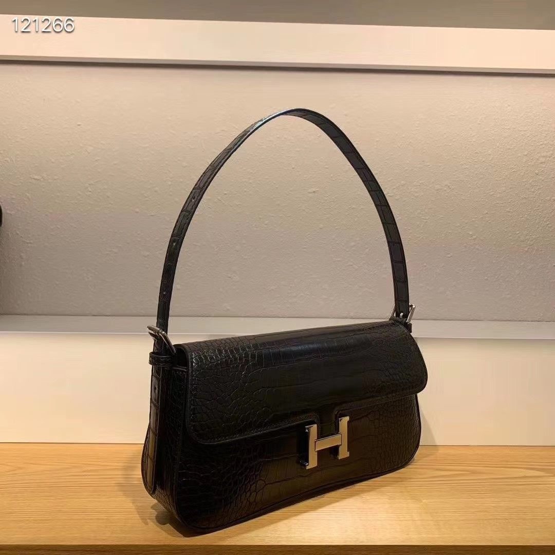 Women's Black Crocodile-Embossed Baguette Shoulder Bag with Silver H-Clasp