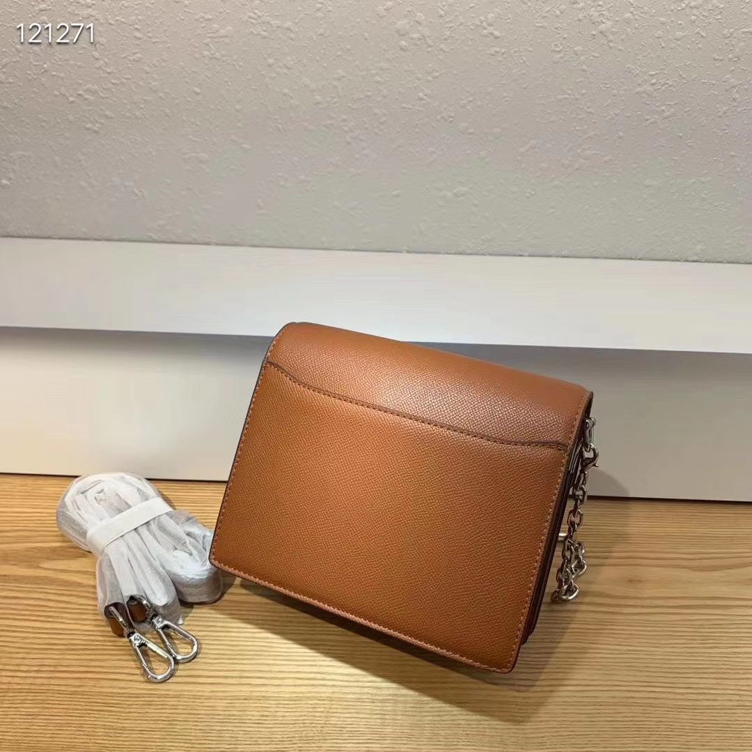 Women's Tan Structured Crossbody Bag with Silver-Tone Metal Bar Detail