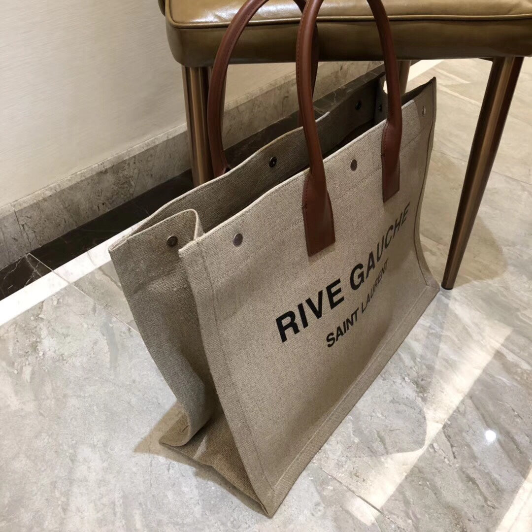 Saint Laurent Rive Gauche Large Tote Bag in Linen Canvas and Leather