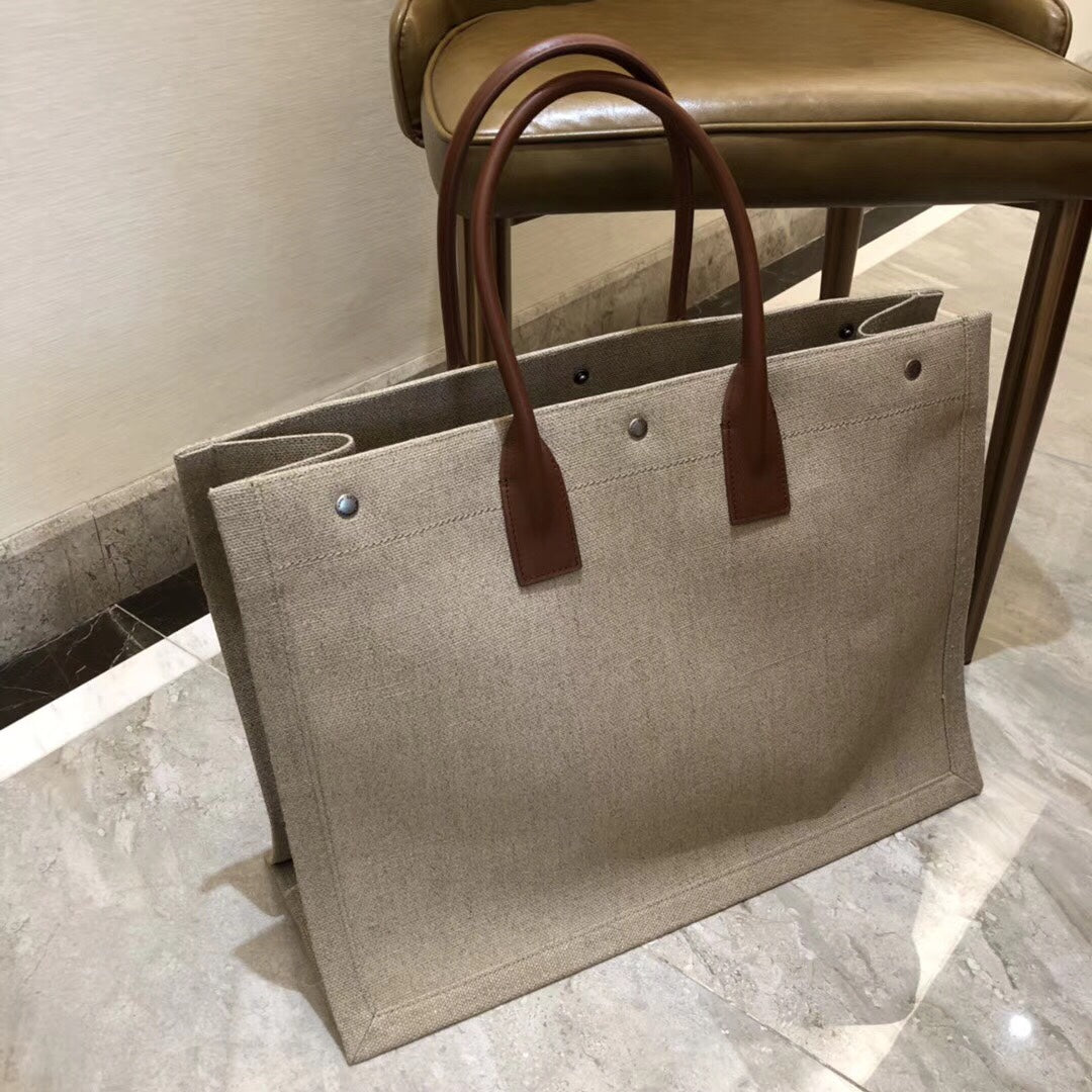 Saint Laurent Rive Gauche Large Tote Bag in Linen Canvas and Leather