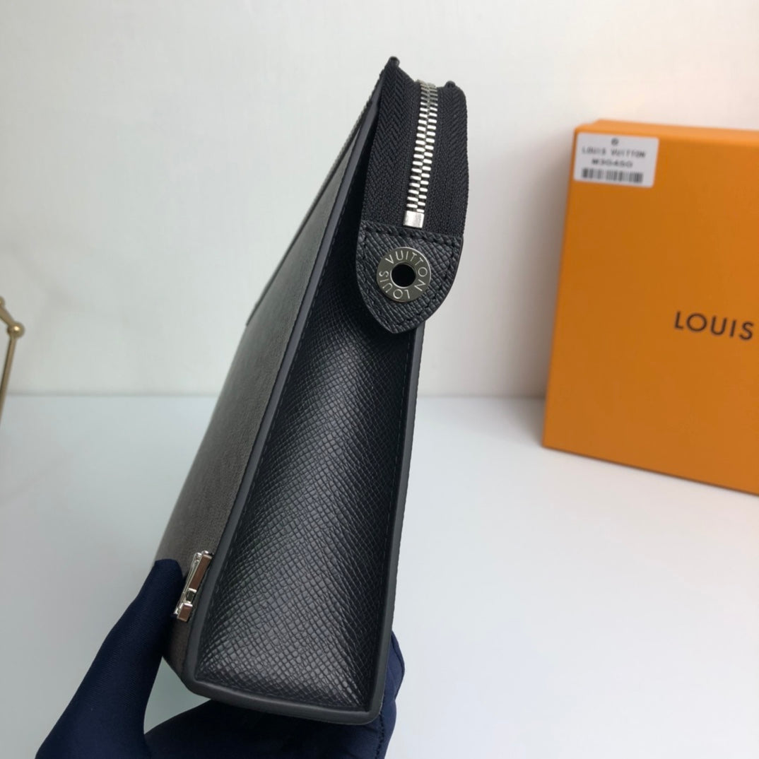 Louis Vuitton Black Textured Leather Pouch - Designer Zip Clutch Bag