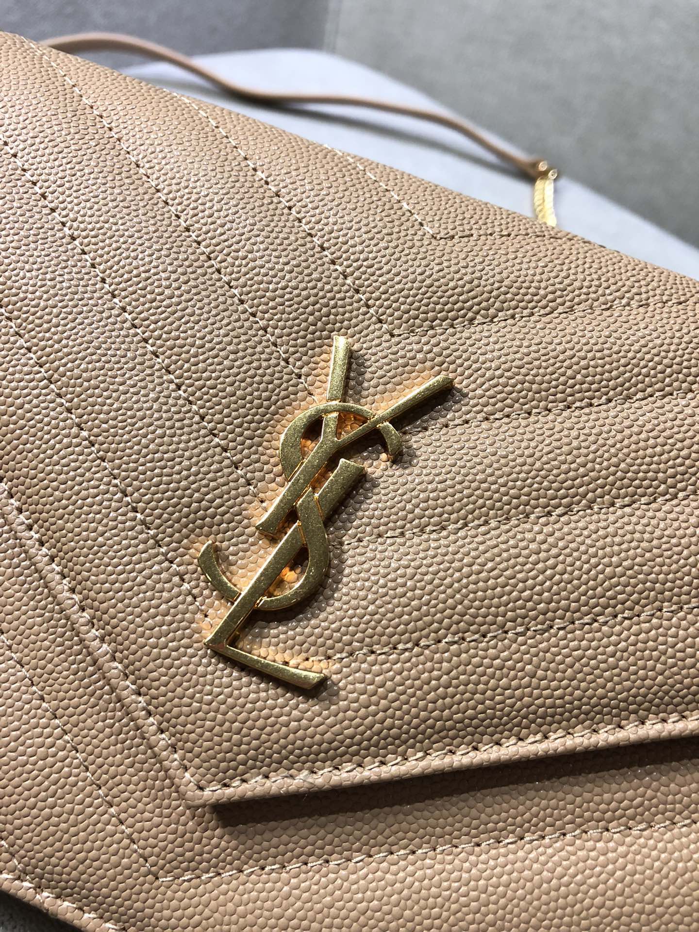 Saint Laurent Cassandre Matelassé Chain Wallet in Grain de Poudre Leather - Dark Nude