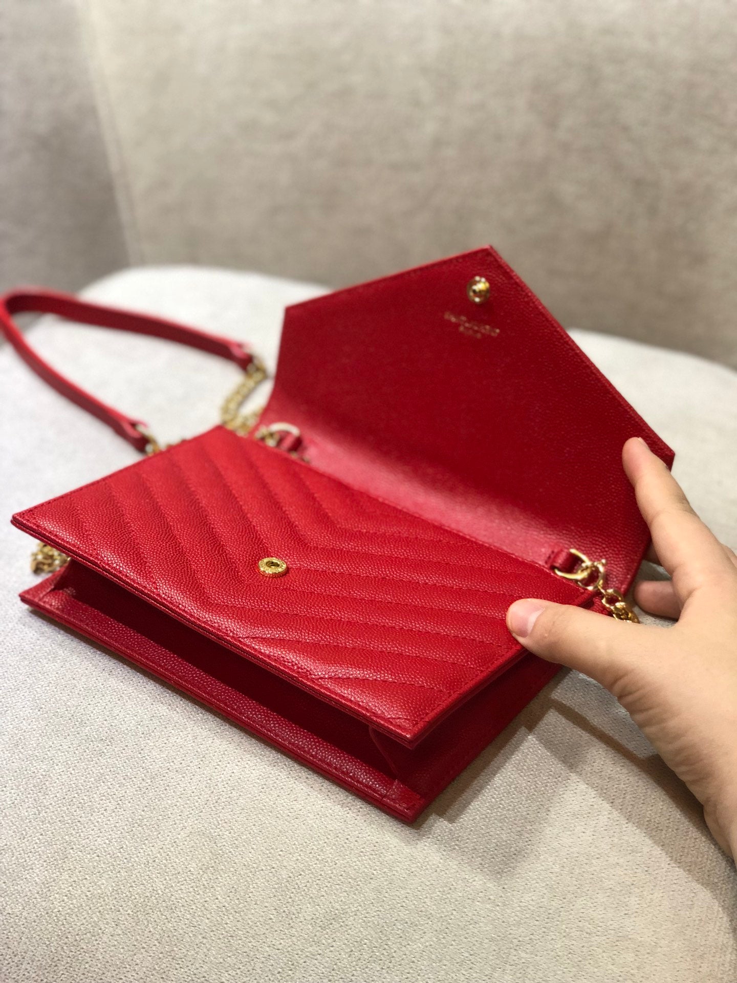 Saint Laurent Cassandre Matelassé Red Leather Envelope Chain Wallet