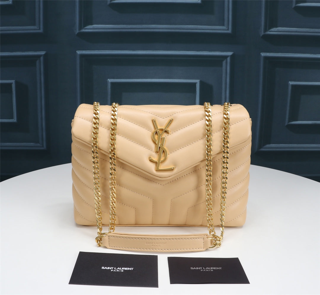 Saint Laurent Loulou Medium Beige Quilted Leather Shoulder Bag with Gold Hardware