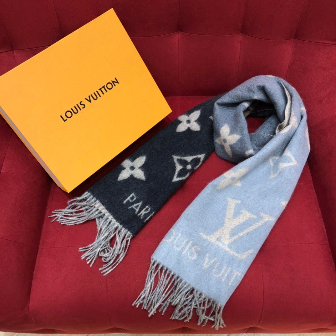 Louis Vuitton Monogram Denim Blue &amp; Navy Fringed Scarf, Luxury Wool Cashmere Blend Designer Shawl