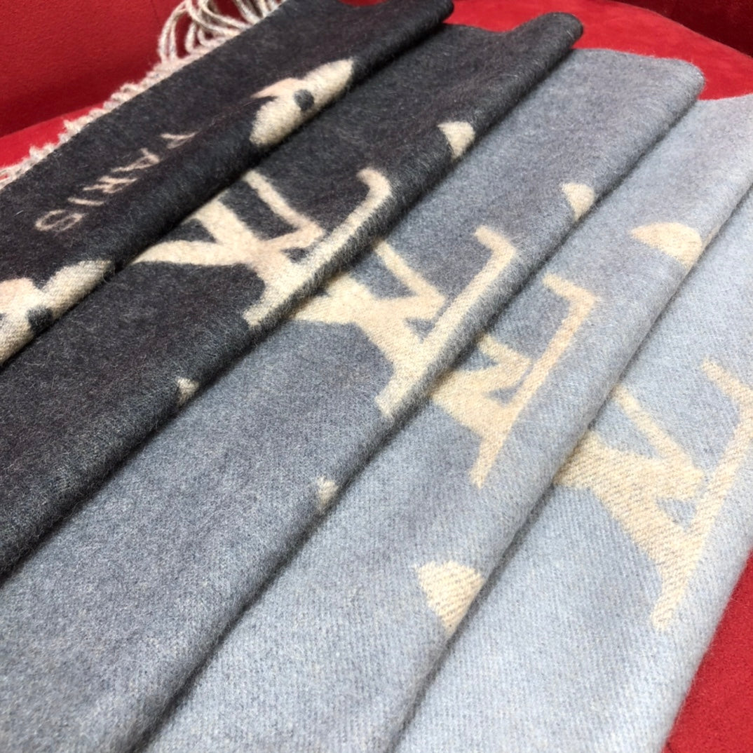 Louis Vuitton Monogram Denim Blue &amp; Navy Fringed Scarf, Luxury Wool Cashmere Blend Designer Shawl
