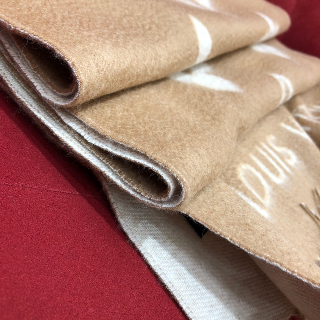 Louis Vuitton Monogram Scarf - Beige and White Wool Cashmere Blend Logo Print Winter Wrap with Fringed Edges - Includes Branded Box