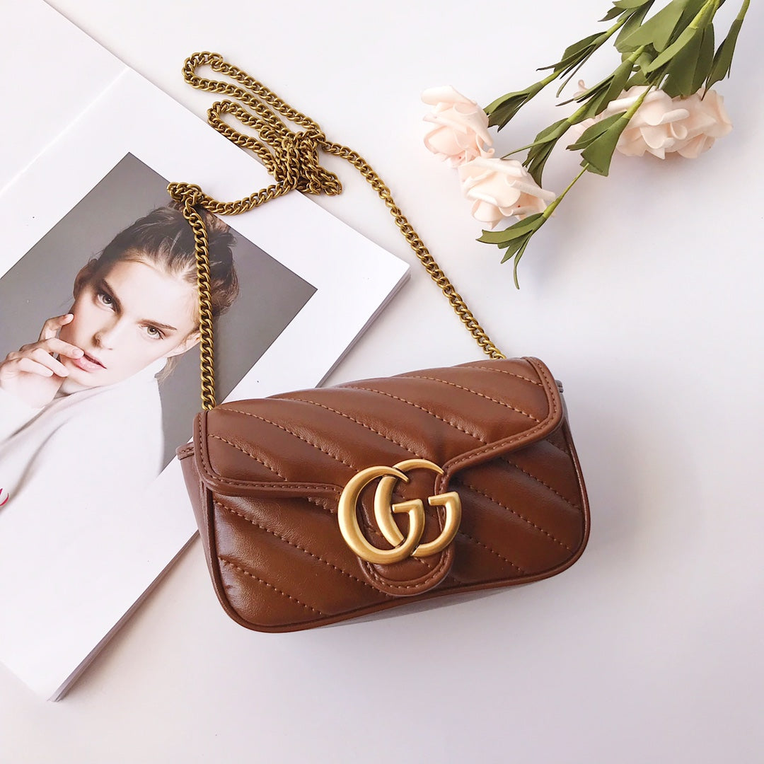 Gucci GG Marmont Small Matelassé Shoulder Bag - Brown Chevron Leather