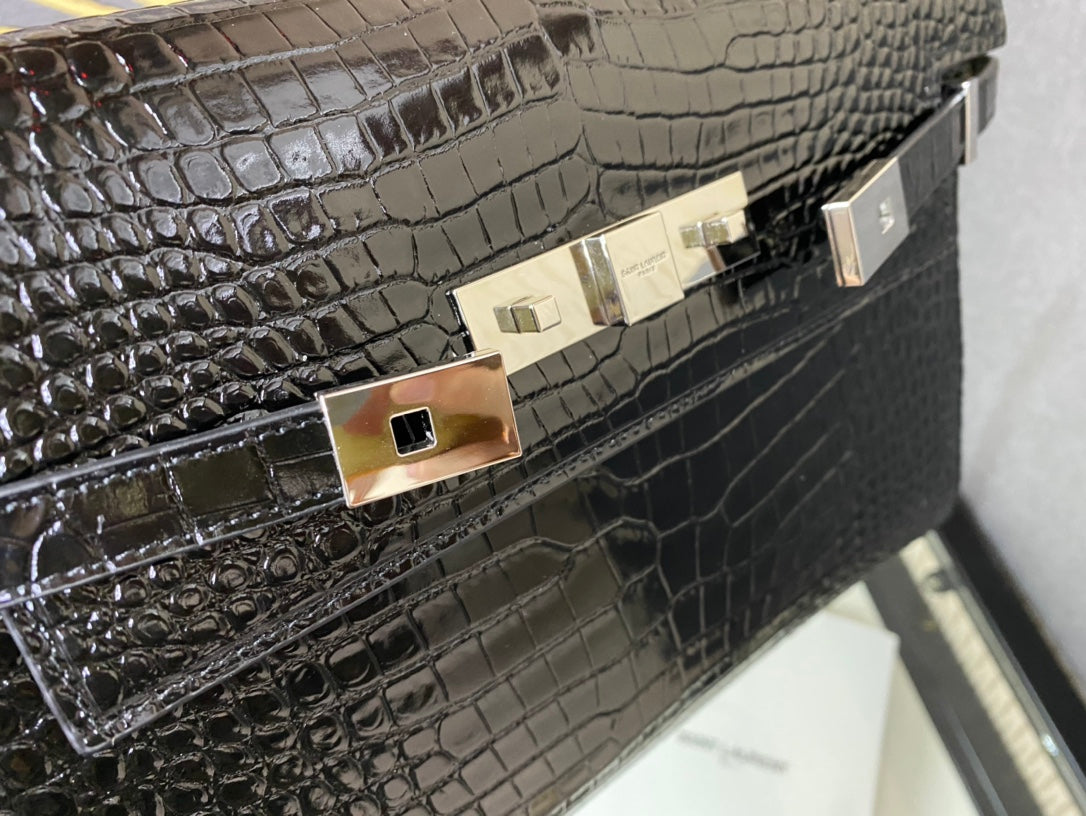 Saint Laurent Manhattan Small Shoulder Bag in Crocodile-Embossed Leather - Black