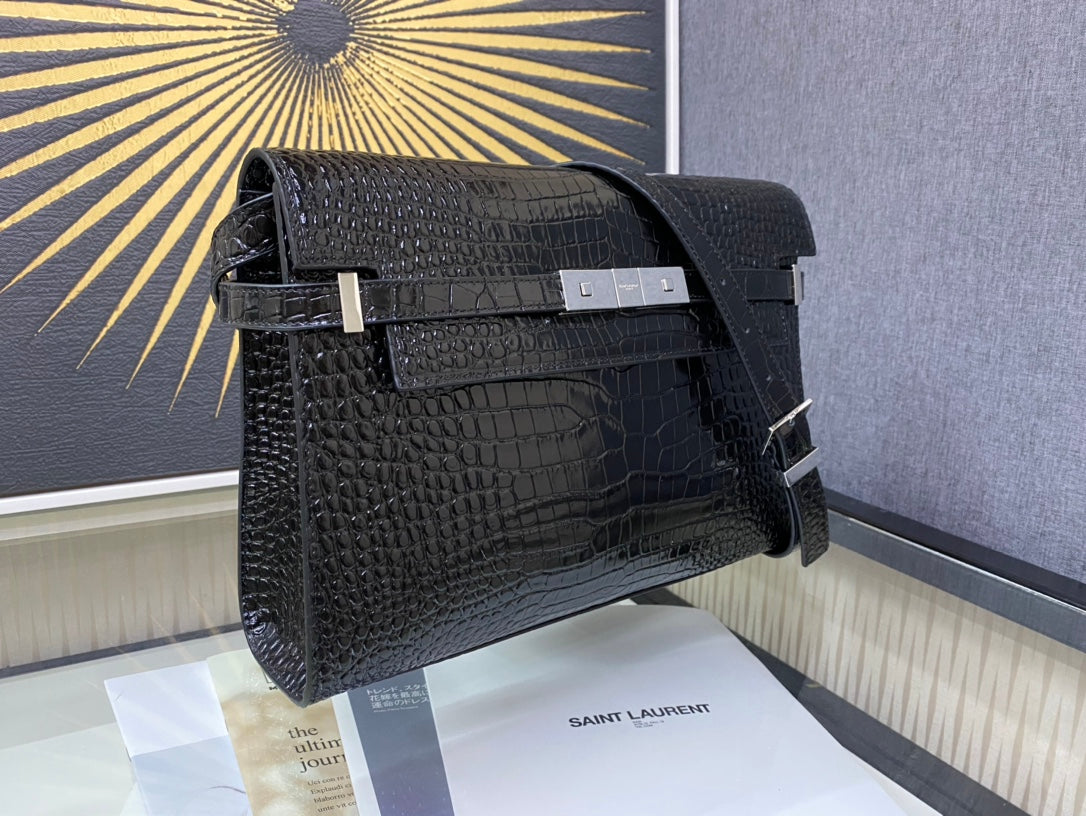 Saint Laurent Manhattan Small Shoulder Bag in Crocodile-Embossed Leather - Black