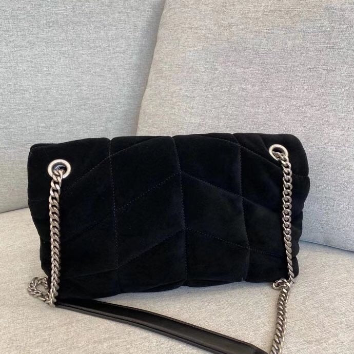 Saint Laurent Puffer Loulou Medium Shoulder Bag in Black Suede with Silver Hardware