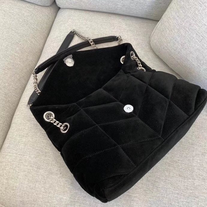 Saint Laurent Puffer Loulou Medium Shoulder Bag in Black Suede with Silver Hardware