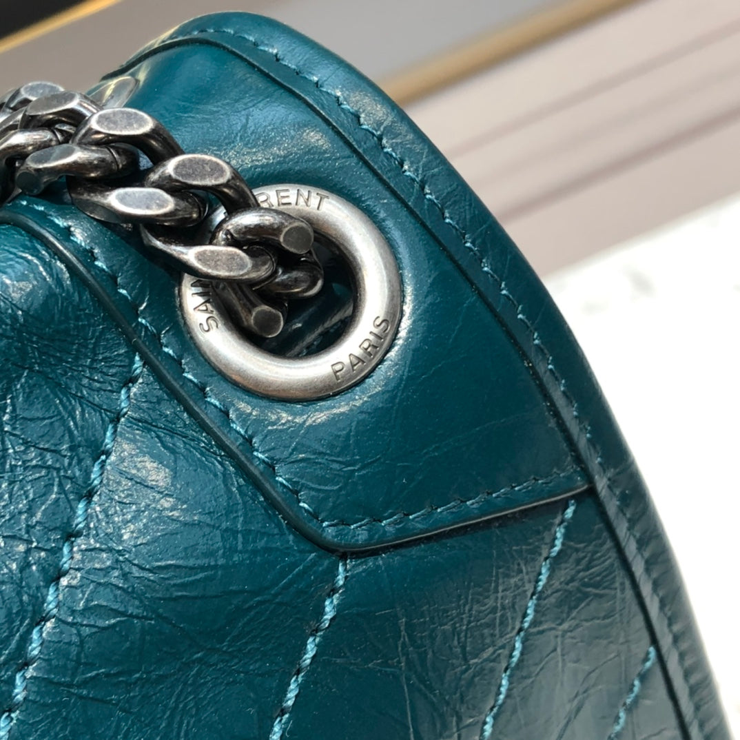 Saint Laurent Niki Medium Shoulder Bag - Teal Crinkled Leather with Tonal YSL Logo