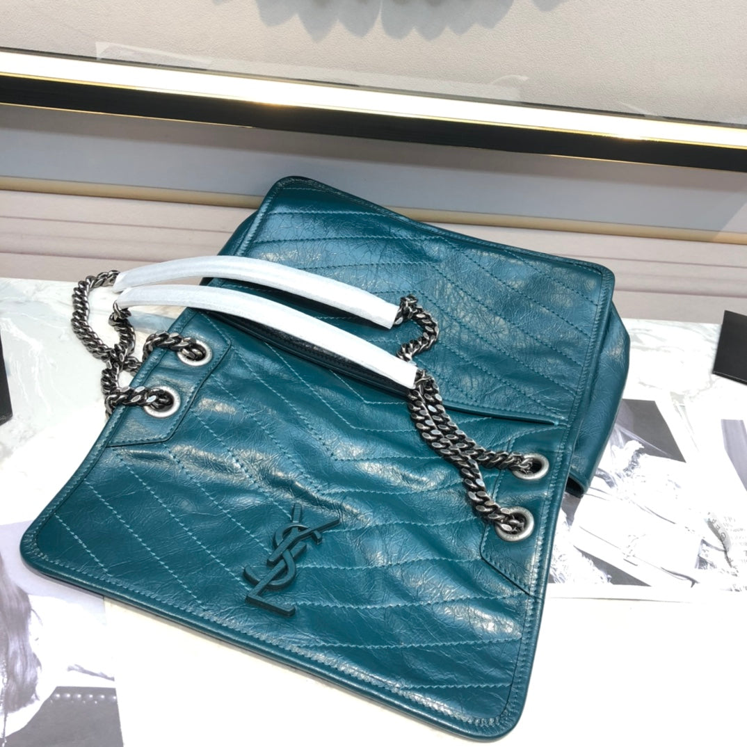 Saint Laurent Niki Medium Shoulder Bag - Teal Crinkled Leather with Tonal YSL Logo