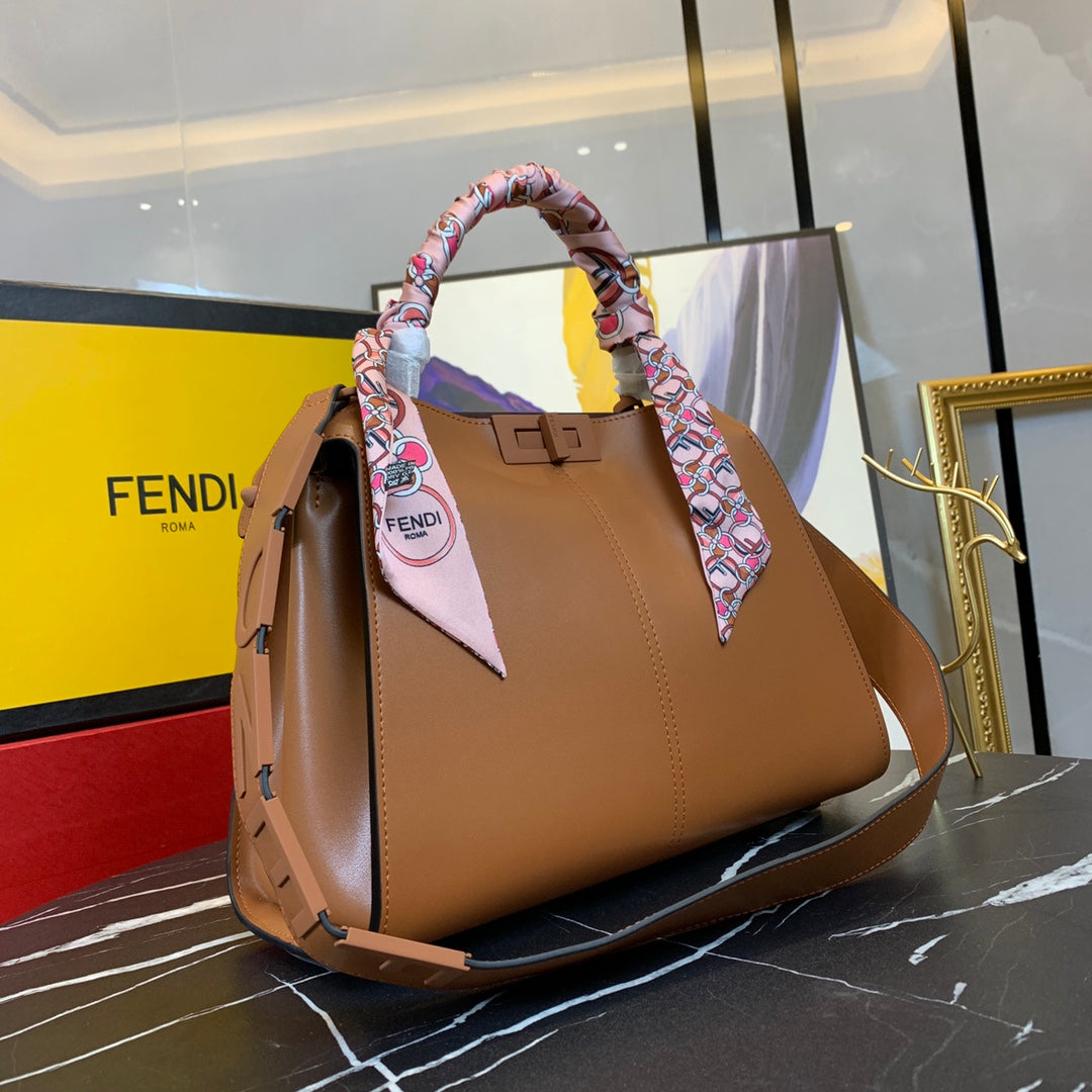 Fendi Peekaboo ISeeU Medium Brown Leather Handbag with Scarf-Wrapped Handle