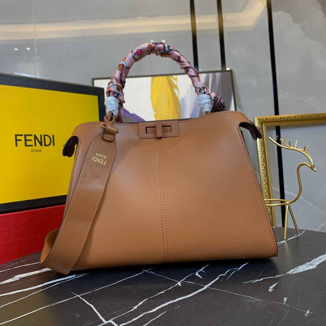 Fendi Peekaboo ISeeU Medium Brown Leather Handbag with Scarf-Wrapped Handle