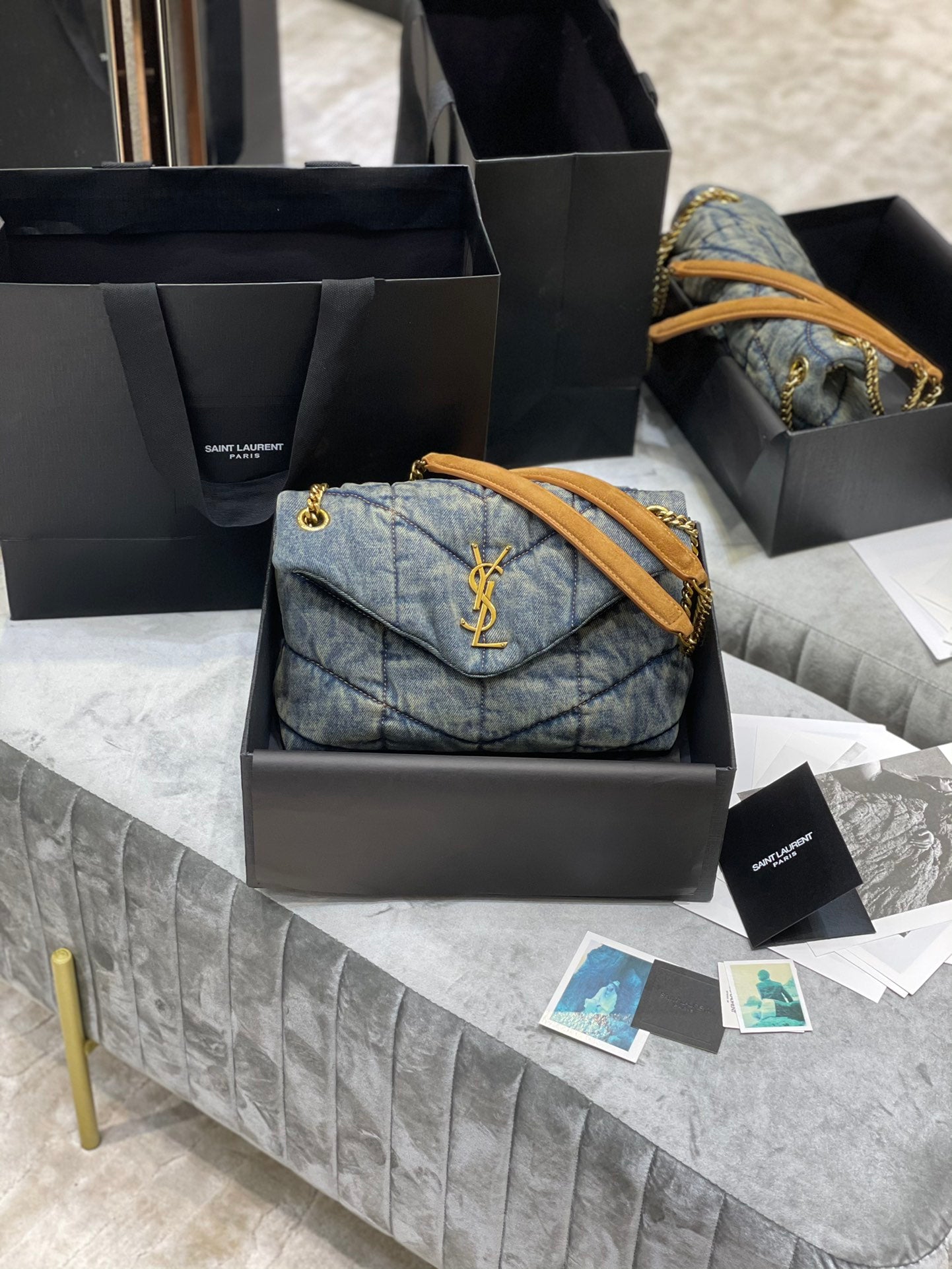 Saint Laurent Medium Loulou Puffer Bag in Quilted Denim and Tan Leather