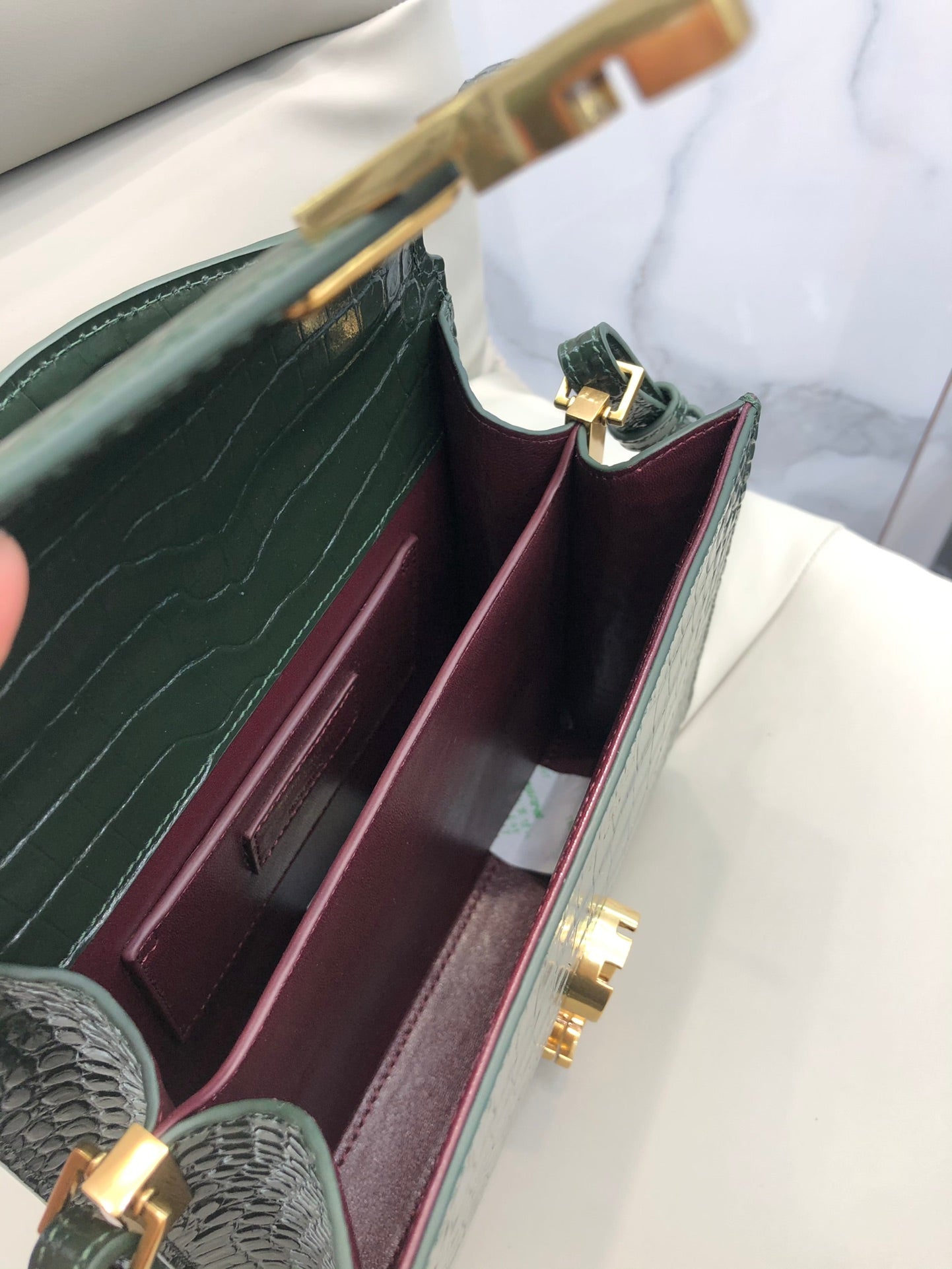 Saint Laurent Cassandra Medium Top Handle Bag in Crocodile-Embossed Leather - Dark Green