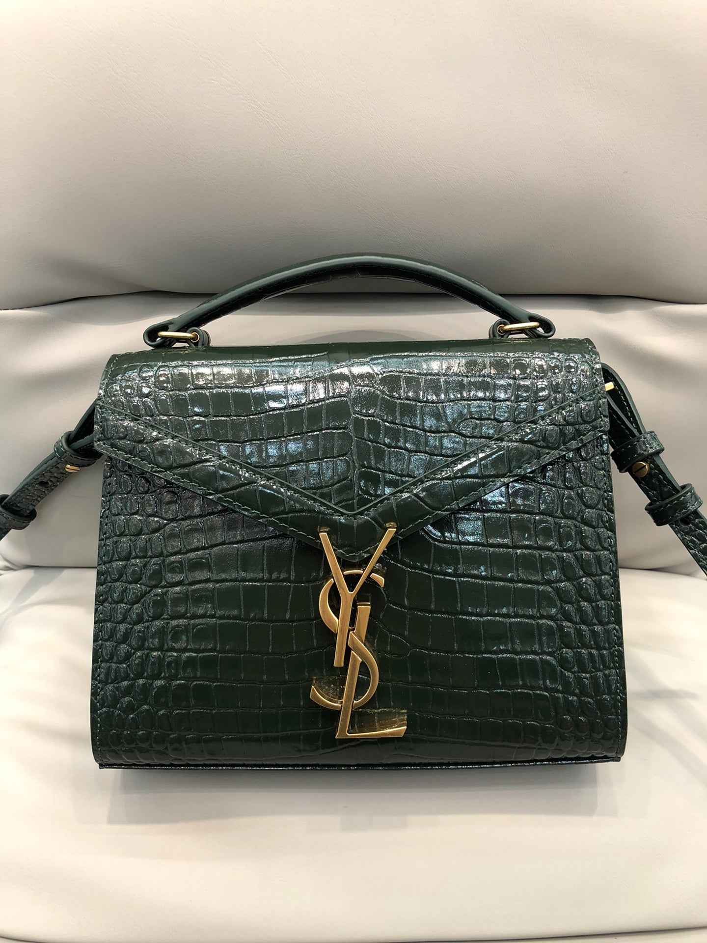 Saint Laurent Cassandra Medium Top Handle Bag in Crocodile-Embossed Leather - Dark Green
