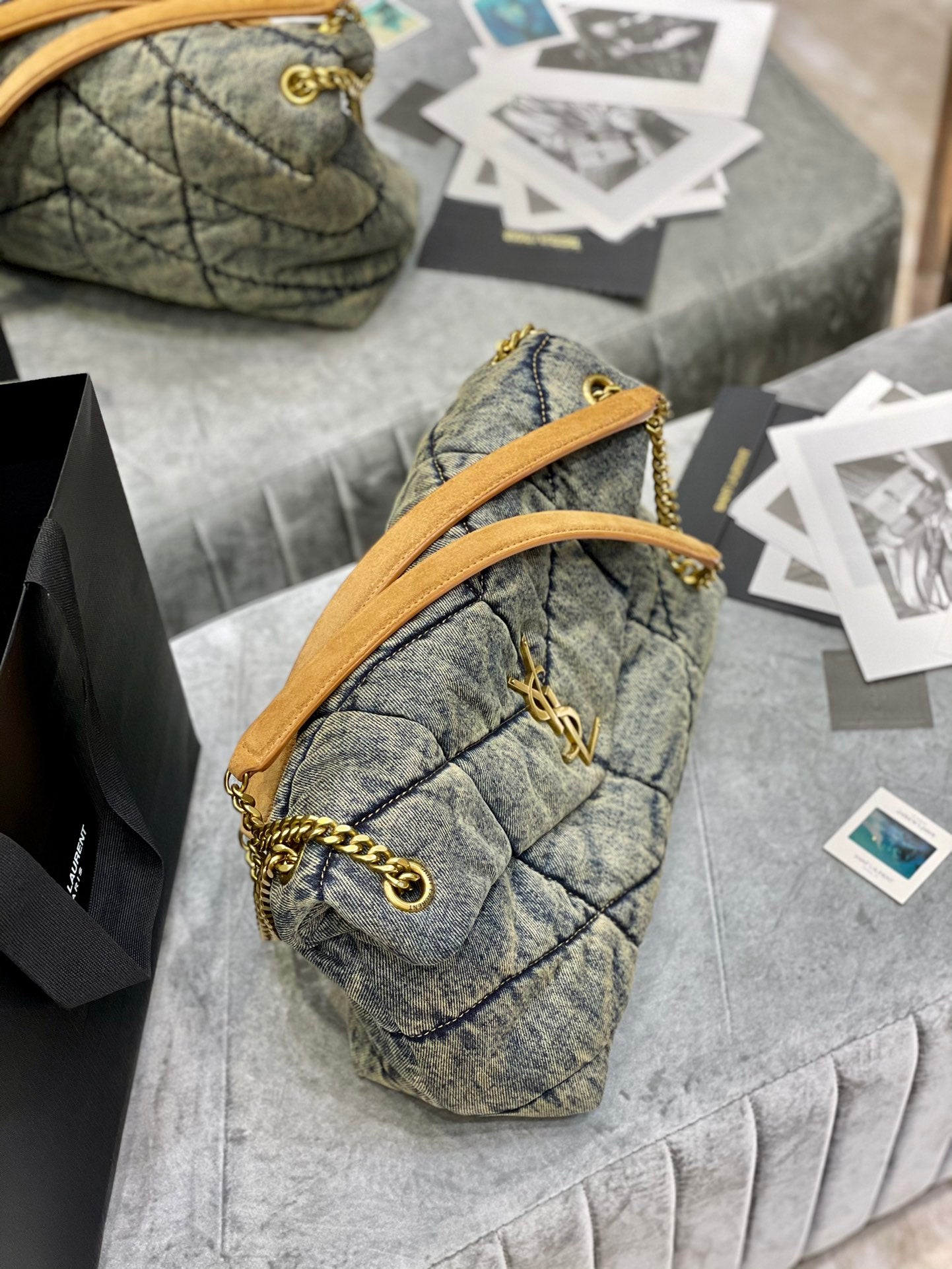 Saint Laurent Puffer Small Bag in Grey Quilted Denim with Gold Hardware
