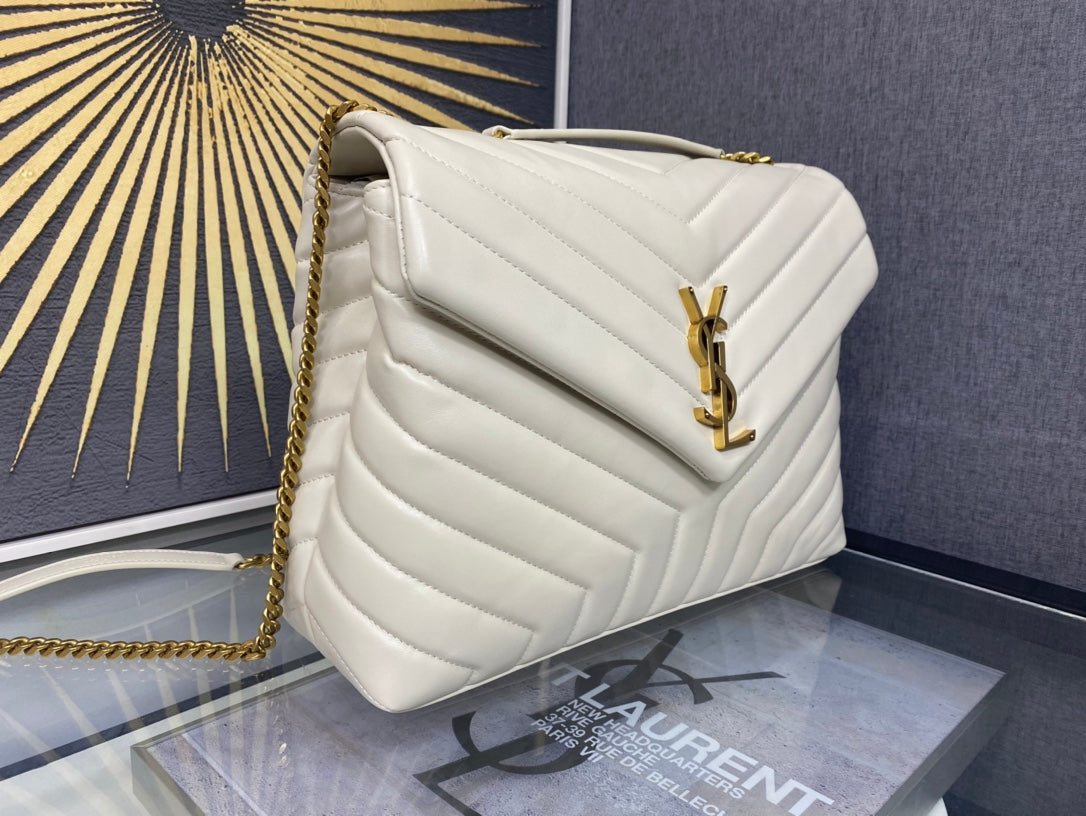 Saint Laurent Loulou Small Shoulder Bag in Quilted Leather - Cream with Gold Hardware