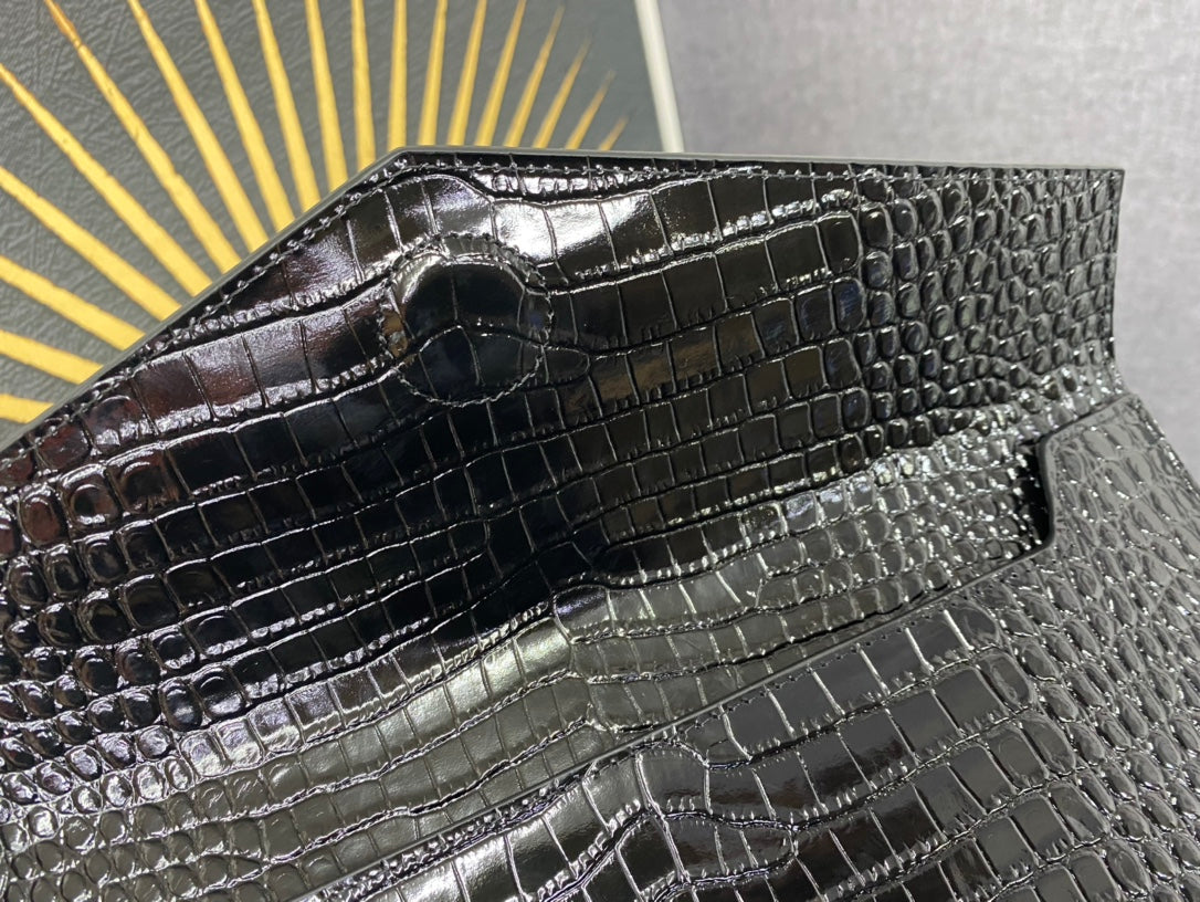 Saint Laurent Cassandre Crocodile-Embossed Leather Envelope Clutch - Black