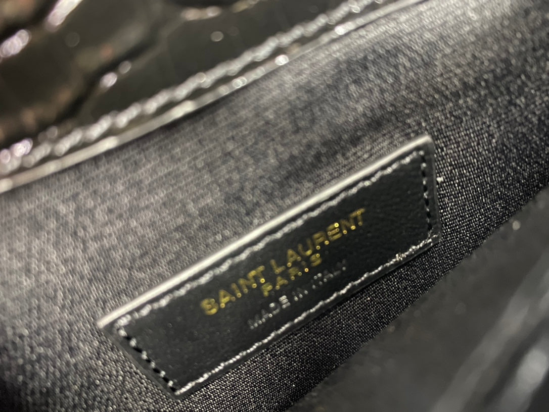 Saint Laurent Cassandre Crocodile-Embossed Leather Envelope Clutch - Black
