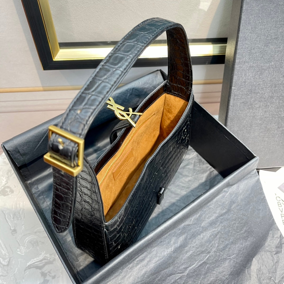 Saint Laurent Le 5 à 7 Hobo Bag in Shiny Crocodile-Embossed Leather, Black