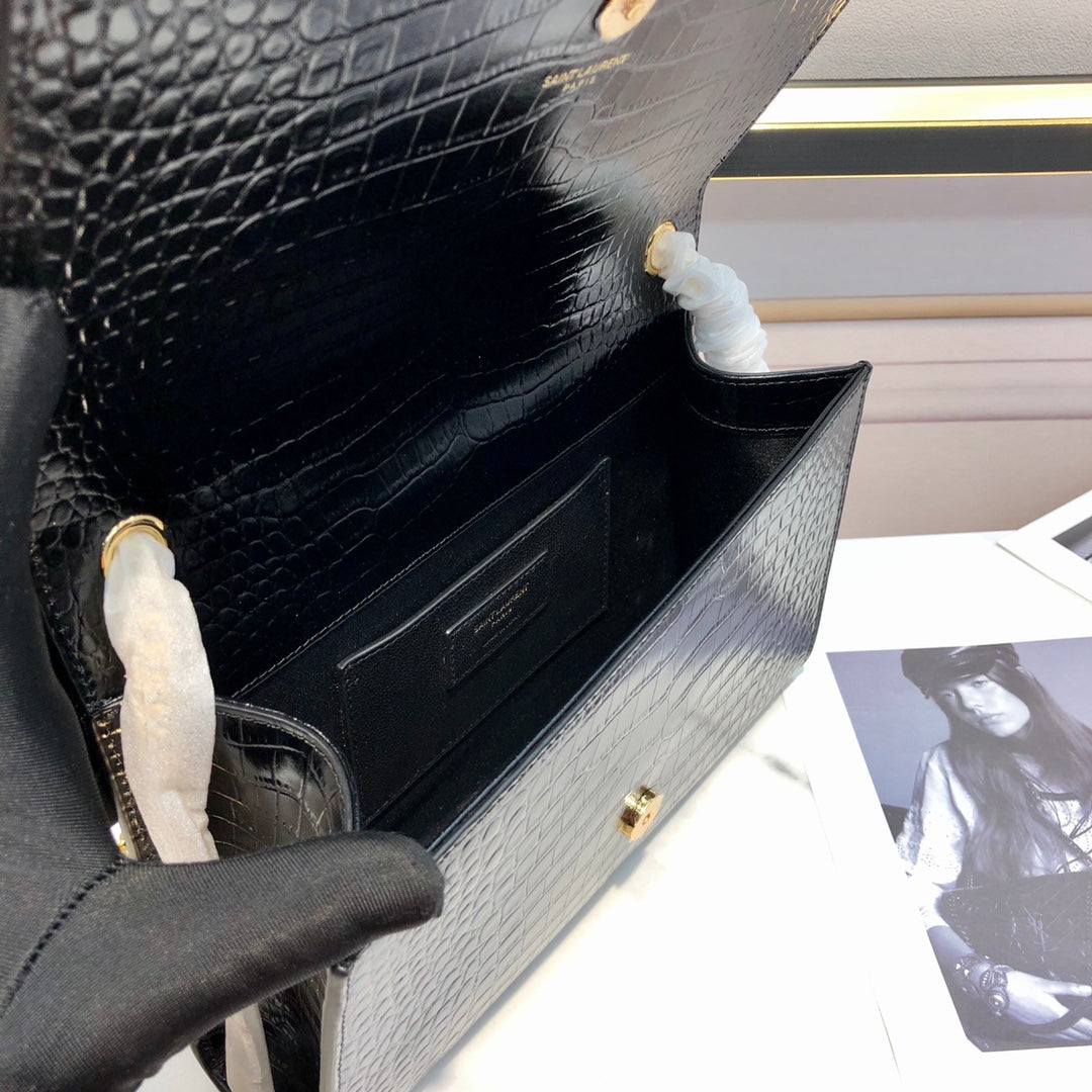Saint Laurent Kate Tassel Shoulder Bag - Black Croc-Embossed Leather