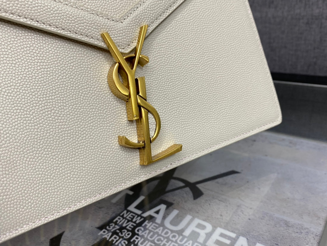 Saint Laurent Cassandra Envelope Shoulder Bag in White Leather with Gold Hardware