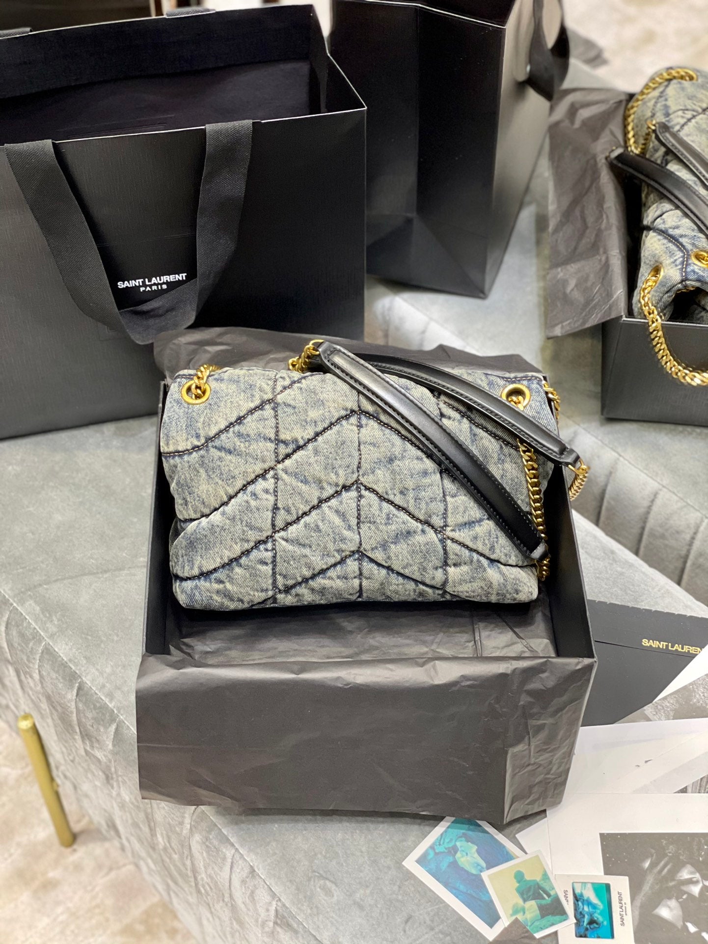 Saint Laurent Small Loulou Shoulder Bag in Quilted Denim - Blue with Gold Hardware