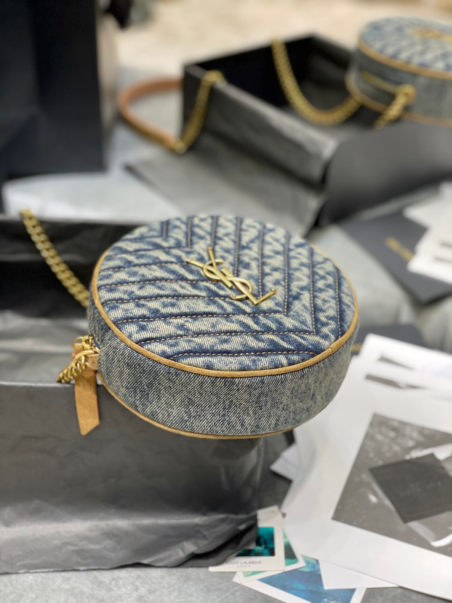 Saint Laurent Vinyle Round Camera Bag in Monogram Canvas and Leather