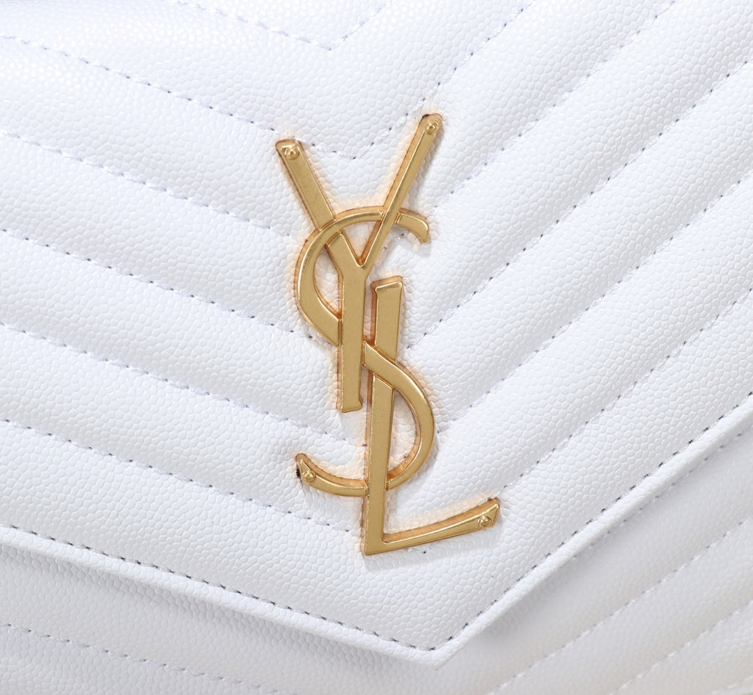 Saint Laurent Cassandre Matelassé Chain Wallet in White Grain de Poudre Leather with Gold Hardware