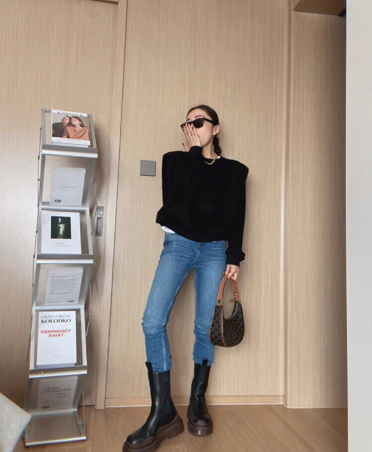 Women's Chic Puff Sleeve Blouse with Contrast Collar & High-Waist Black Shorts Set